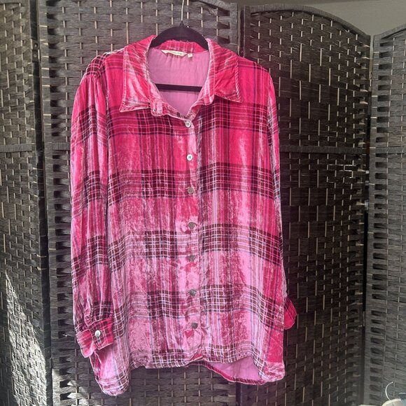 Soft Surroundings Womens Button Up Long Sleeve Collared Shirt Pink Plaid Size XL - Picture 1 of 6